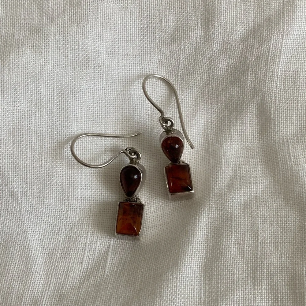 Vintage 1970s Amber Silver Rectangle Teardrop Drop Earrings